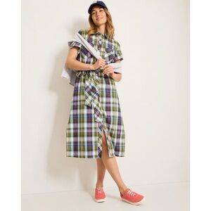 NWT Handwoven Madras Plaid Midi Shirt Dress Belt Pockets M